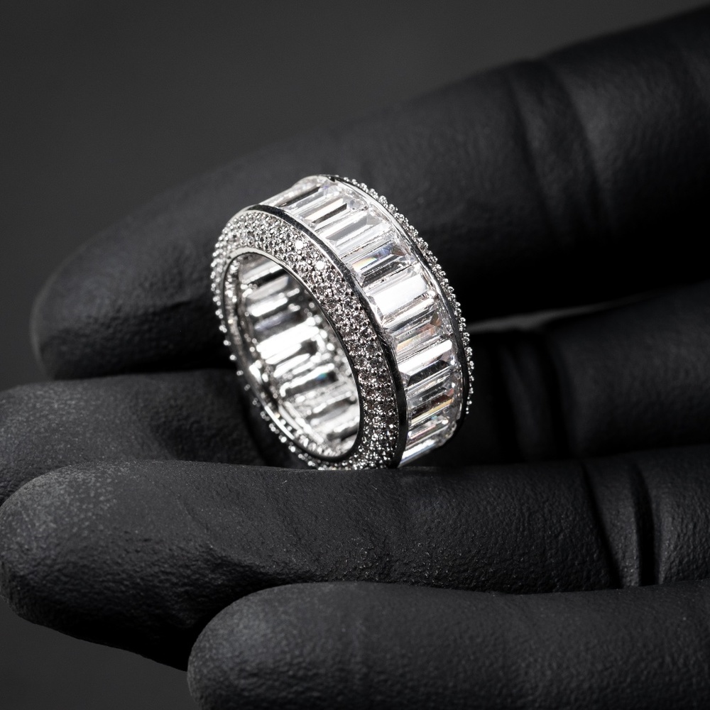White Gold Plated Iced Cz Baguette Hip Hop Elegant Men's Pinky Statement Ring